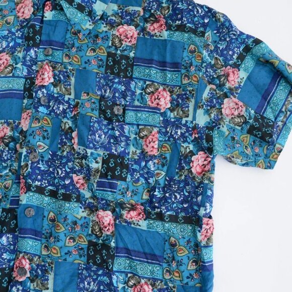 Vintage 90'S Robert Stock 100% Silk  Teal Floral Block Pattern Button Up Size M - Picture 8 of 11